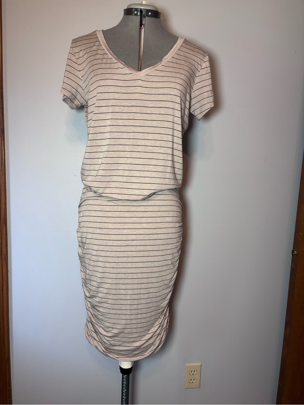 PrAna Foundation Ruched dress- Cream and Striped V-Neck Midi Dress.